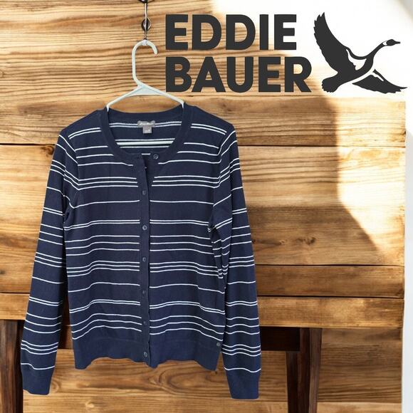 Button Front Eddie Bauer Blue and White Cardigan Sweater for Women XL - Picture 1 of 6